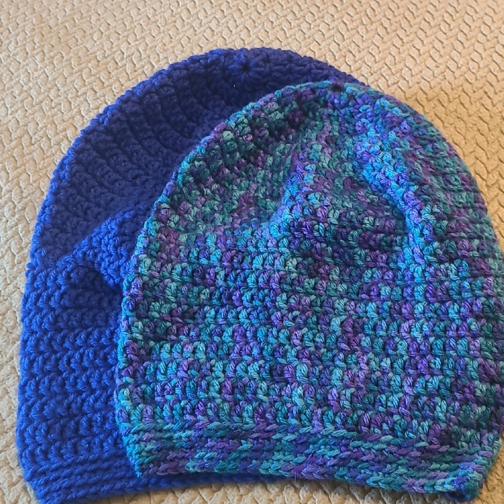 Handmade Crochet Beanie Set in Blue and Purple